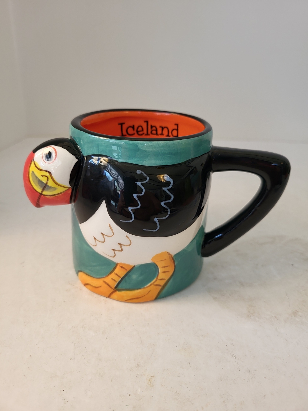 Solarfilma Iceland 3-D Puffin Ceramic Mug with Orange Interior 8oz